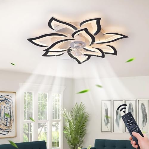 LYSDjia Ceiling Fan with Light Low Profile Modern Indoor Flush Mount Ceiling Fan with Dimmable LED Light and Remote Control 3 Color Temperatures 6 Gear Wind Speed for Kids Room Bedroom (Color : Black