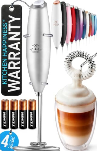 Zulay Kitchen Powerful Milk Frother Wand with 4 AA Duracell Batteries - Ultra Fast Handheld Drink Mixer - Electric Whisk Foam Maker for Coffee, Lattes, Cappuccino, Matcha & Creamer - Silver