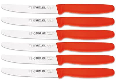 Giesser Messer - Made in Germany - 6er Set Brötchenmesser Tomatenmesser Küchenmesser Allzweckmesser Universalmesser Gemüsemesser glatter Schliff Klingenlänge 11cm (Rot - glatte Schneide)