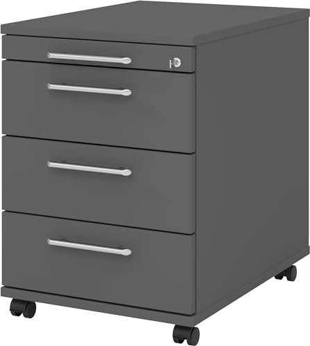 bümö Rollcontainer mit Schubladen, Container abschließbar aus Holz in Graphit - Rollwagen für's Büro als Schreibtisch Unterschrank, Bürocontainer od. Schreibtischcontainer mit Relinggriffe