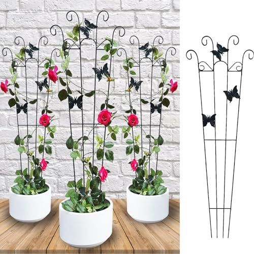 YAVYAV 90cm Black Fan -Shaped Metal Garden Trellis, Indoor/Outdoor Potted Plant Climbing Support, Rust-Resistant Rose Plant Trellis