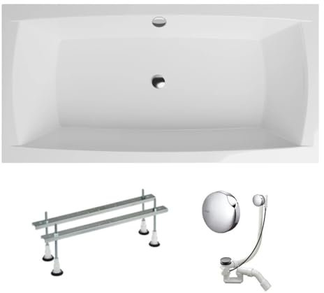 VBChome Baignoire 140 x 70 cm - Blanc - Acrylique - Rectangulaire - Pieds de baignoire - Siphon - Design moderne - Bonde de vidange en chrome - Avec pieds de baignoire