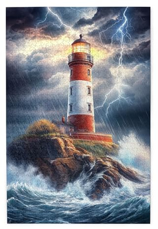 Vextrovia Leuchtturm im Sturm, Puzzles für Erwachsene, 1000 Teile, Leuchtturm für Gewitter, Holzpuzzle, 1000-teiliges Puzzle für Erwachsene, herausforderndes Puzzle, perfekt für Spieleabend