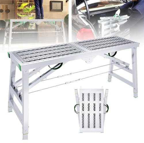 Adjustable Work Platform, Portable Outdoor Folding Scaffolding Platform Steel Step Ladder, Heavy Duty Indoor Freestanding Steel Scaffold Work Bench Equipment with 5-Gear Adjustable