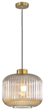 Hnexsei Suspension Moderne en Verre Strié avec Finition Dorée et Câble Noir, Luminaire Suspendu Élégant pour Salle à Manger, Chambre ou Cuisine, Lustre Pendant Design (24cm, Ambre)