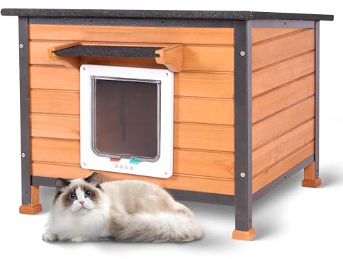 Akinerri Classics Wooden Outdoor & Indoor Cat House,Waterproof Asphalt Roofs and Metal Frames Cat Cave with Moisture Proof Elevated Base Animal Shelter (Brown) 64cm（L）x58cm（W）x51.5cm（H）