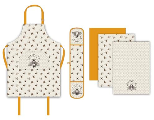 Sterling Sports 5-Piece Kitchen Set Apron, Double Oven Gloves & Tea Towels Set - Quick Dry kitchen Accessories For Baking & Cooking - Perfect Mothers Day Gifts For Baking Lovers (Bumble Bee)