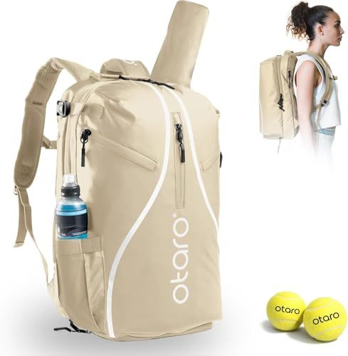 Otaro Tennisrucksack mit Schuhfach, Laptop- & Thermofach für 2 Schläger | 42 L | Tennistasche Herren | Getränk- & Ballfach | Tennistasche Damen inkl. Regenschutz & Wäschesack (Beige)