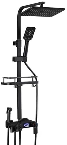 Bathroom Thermostatic Shower Mixer Set, Digital Display Shower System Overhead Rainfall and Handheld Shower Bathroom Accessories Constant Temperature Faucet Set, Black