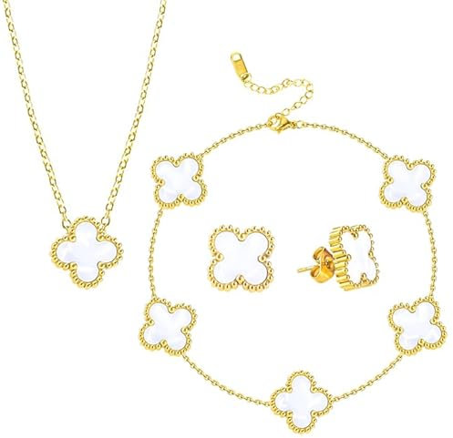 LIURFLNC Vierblättriges Kleeblatt Schmuck, Armband, Kleeblatt Armband Kleeblatt Kette Kleeblatt Ohrringe, Jewelry Geschenk für Geburtstag Muttertag Valentinstag(Golden)