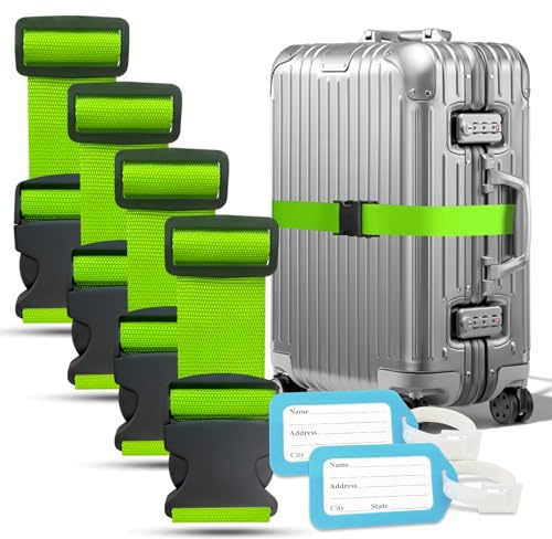 YORFULL Koffergurt 4 Stück, Kofferband Auffällig mit 2 Etiketten, Verstellbare Kofferband Gurt, Sicheres Gürtel-Zubehör-Set für Reisetasche, Mehrfarbige Luggage Strap, 180 cm Länge