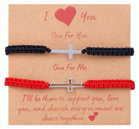 Mikovivi 2pcs Bracelets Croix Réglables, Bracelets Jumelés Amitié/Couple avec Charme Croix Métallique Rouge & Noir Bijou Corde Tressée pour Hommes Femmes Cadeaux Chrétiens
