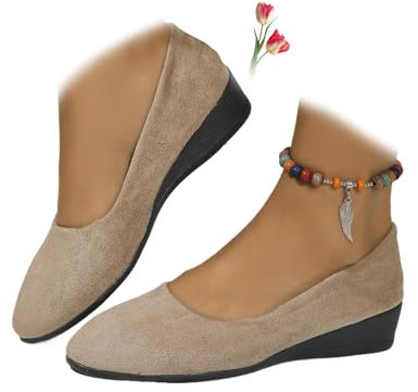 Zapatos de cuero ligeros para mujer, cómodos, con soporte de arco, de cuña, sin cordones, de tacón bajo, para el trabajo, bailarina, mocasines, Tela caqui, 38 EU
