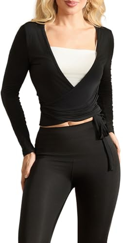 Siyova Women Long Sleeve Cross Wrap Tops Casual Slim Fitted Shirts Deep V-Neck Tie Tops Workout Pilates Ballet Yoga Gym Sports Top Cardigan