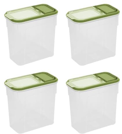 YöL Pack of 4 Green Dry Food Storage - 2 Litre Clear Plastic Containers - Kitchenware Pasta Cereal Rice Flour Sugar - Flip Top Secure Clip Lid Pouring Spout