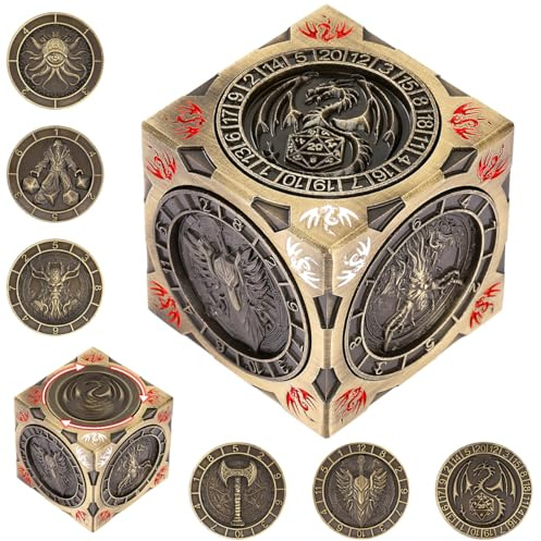 Polyedrische Rotierende Spielwürfel, D&D Spinner Würfel, DND Metall Würfel | 7-in-1 Metall Würfelset, 3D-Relief Design, D&D Geschenke, RPG, MTG, Rollenspiel Brettspiel Zubehör, mit Geschenkbox, Bronze