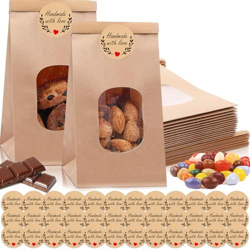 GmwyCzV 25 Stück Papiertüten mit Fenster, Braun Plätzchentüten Kraftpapier, | 25x15.5x7CM Kleine Kekstüten mit Fenster, Kraftpapiertüten Geschenktüten mit Aufkleber, für Süßigkeiten, Keks, Partys