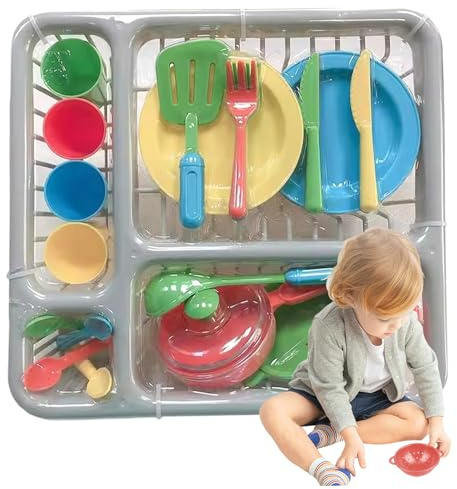 Kids Pots and Pans Playset, Pretend Play Kids Kitchen Accessories, Creative Safe Play Dishes for Kitchen, Toys Tableware Dishes Playset with Drainer for Girls and Boys