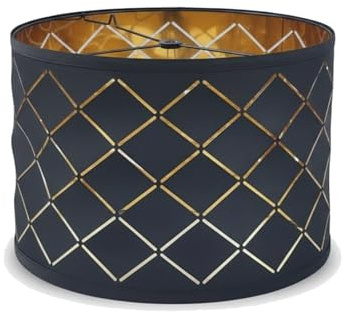 Perclyzm Großer Deckenlampenschirm, Trommel-Lampenschirm mit rautenförmigem, durchbrochenem Design, Schwarzem Stoff + Goldener Reflexionsfolie