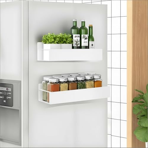 RichinMor Magnetische Regale Kühlschrank Weiß, 2 Stück Magnetisches Gewürzregal Kühlschrank mit 4 Haken, Metall Magnet Regal Kühlschrank Regal Magnetisch für Küche Aufbewahrung & Organisation, Weiß