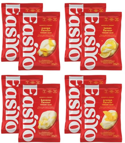 EasiYo Yogurt Confezione Mista da 8 Buste | 2x Mango, 2x Arancia, 2x Limone, 2x Banana | Ogni Busta Prepara 1kg | Yogurt Fatto in Casa | Senza Glutine e Vegetariano