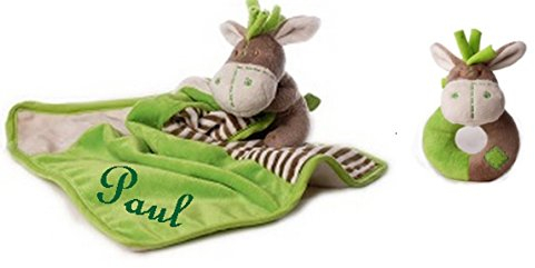 Bibos Baby Kuscheltuch Esel mit Namen Bestickt + Rassel Greifling (Variante 1)
