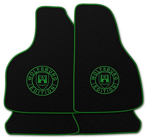Autoteppich Stylers Q100_WOB-504-040 Passform Fußmatten mit Druck Wolfsburg Edition (WOB) und Rand in Grün passend für VW Polo 86 86C