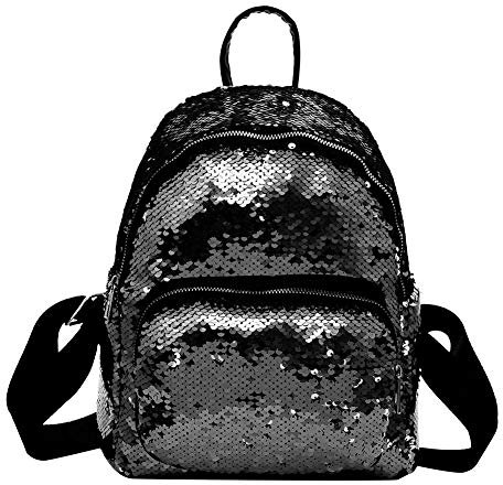 Zaino con Paillettes Stile Preppy Borsa da Viaggio Glitterata Borsa da Scuola Casual per Studenti (Nero)