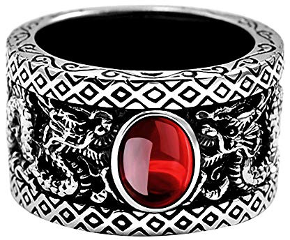 ForFox Schwarz 925 Sterling Silber Doppelt Drachen Ring mit Stein Vintage Chinesischer Drachenring Schmuck für Herren Damen Größe 58-68