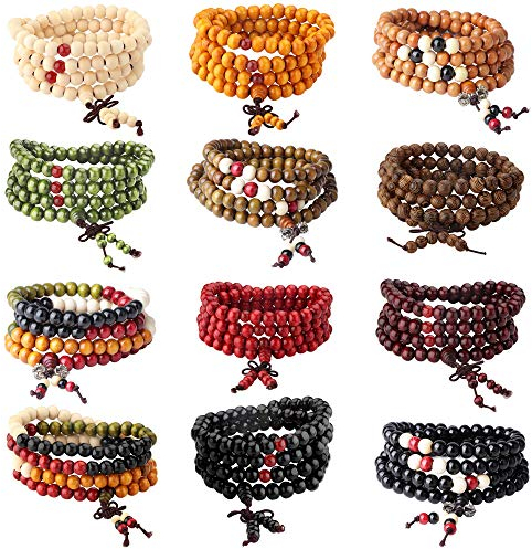 Milacolato 8-12 pcs 108 Mala Bead Bracelets Bouddhiste Strand Bois Bracelet Prière Perles De Bois De Santal Lien Poignet Collier Chaîne pour Hommes Femmes Noeud Chinois