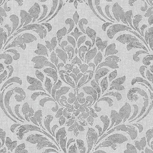 Eleanor Damask Wallpaper Darcy James Classic Metallic Grey