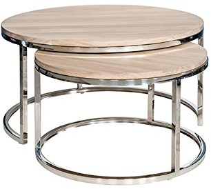 Fink MINOU 2er Set, Couchtisch, Edelstahlgestell, Eiche, weiß, 80 cm x 80 cm x 42 cm