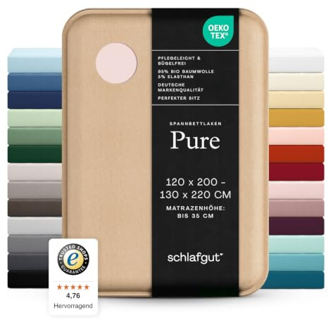 schlafgut Pure Spannbettlaken 120x200 cm Bio-Baumwolle Jersey, Purple Light | Bettlaken, Spannbetttuch 130x200, 130x220 cm, Lila, Mako Baumwolle Elasthan, bis 35 cm Steg, Rundumgummi