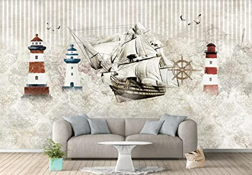 Tapete 3D Wandbild Vintage Segelschiff Leuchtturm Anker Fototapete 3D Effekt Vliestapete Wohnzimmer Schlafzimmer Wanddeko