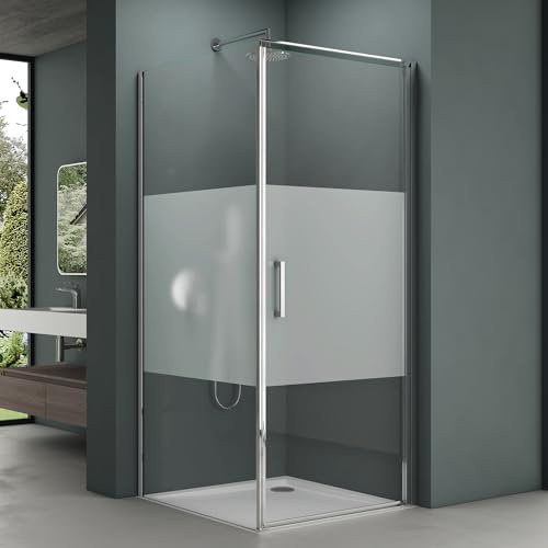 Mai & Mai Duschkabine Eckeinstieg 90x100x195 cm mit Drehtür | Duschabtrennung mit Hebe-Senk-Mechanismus 8mm ESG-Sicherheitsglas Nano-Beschichtung Milchglas-Streifen Rav36-Plus