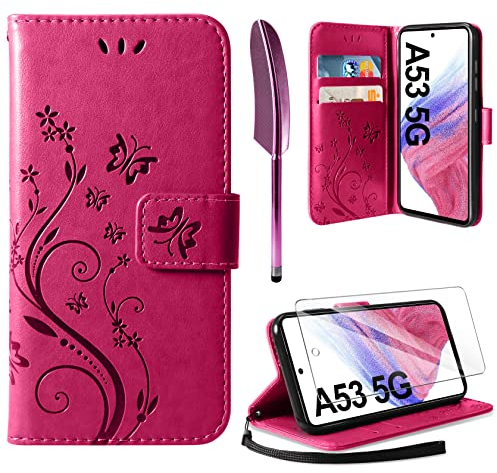 AROYI Coque Compatible avec Samsung Galaxy A53 5G, Retro Design PU Etui Housse en Cuir Portefeuille de Protection Fonction Stand Video Porte Carte Credit Ticket Flip Case Rouge