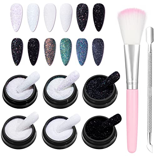 6 Pezzi Glitter Unghie, Brillantini Per Unghie, Polvere Glitter per Unghie Corpo Viso Decorazioni Con Pennelli e Spingi Cuticole