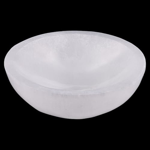 Selenite Bowl with Amethyst Necklace – 4 Selenite Crystal Bowl – Mined and Crafted in Morocco – Ideal for Cleansing and Recharging Crystals and Healing Stones, Meditation, and Decor