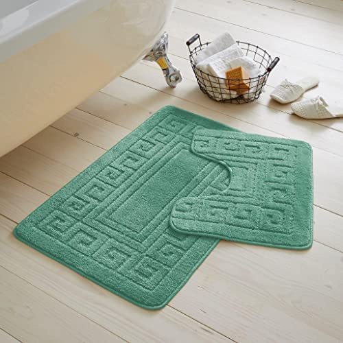 2 Pieces GREEK Bath Mat Rugs for Bathroom - Non Slip Anti Mould Bath Mat Set - Soft - Extra Water Absorbent Pedestal Ultra Plush Bathroom Mats Toilet Shower Set (Sage Green)