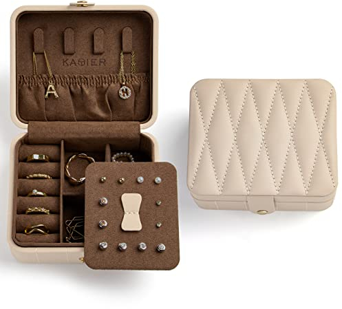 KAMIER Kleine Schmuckkästchen,Reise Schmuckschatulle für Damen,Reiseschmuckaufbewahrung Diamant gestepptes Leder Schmuckbox für Ringe,Halskette,Ohrringe,Armbänder,Geschenk,Beige