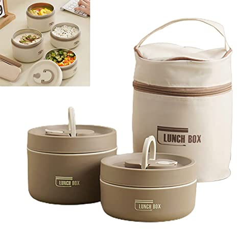 MQSHUHENMY Portable Insulated Lunch Container Set, 2022 New Stackable Stainless Steel Food Container with Thermal Bag, Insulated Lunch Containers, Thermal Lunch Box Bento Box Set (Brown,2 Layer)