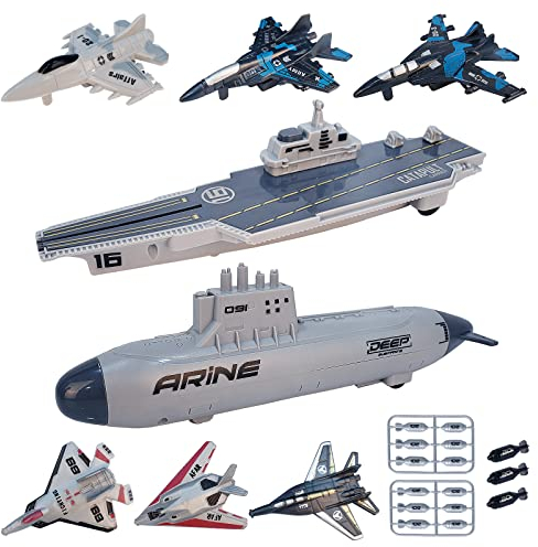 VBACALA Jouets Militaires Navals ,Ensemble de Jouets Porte Avions pour Enfants, Avions de Combat cuirassés avec Fonction de Repli, Jouets Militaires U Boat