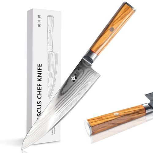 FUJUNI Cuchillo Cocina Profesional, Cuchillo de Damasco Chef 20CM de Acero Damasco de 67 Capas, Núcleo de Corte de Súper Acero VG10 con Mango de Madera de Olivo