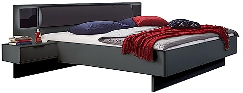 Lomadox Schlafzimmer Bett Ehebett Doppelbett 180x200cm mit Polsterkopfteil, beleuchteten Nachtschränken inkl. Schublade in Graphit, B/H/T ca. 289/92/210 cm