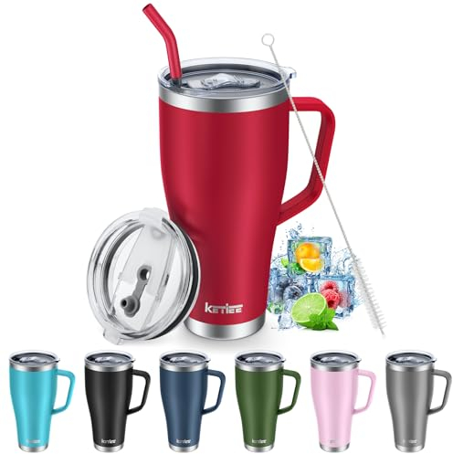 KETIEE Tazza termica con cannuccia, 850 ml, con 2 coperchi, in acciaio inox da 30 oz, con manico, per bevande calde e fredde, colore rosso