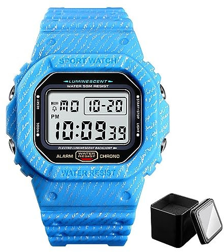 Tevimpeya Digitale Herrenuhren mit PU-Armbändern, 50 m wasserdichte Uhr mit LED-Hintergrundbeleuchtung für Outdoor, Sport, Freizeit usw., Hellblau, hellblau, Armband