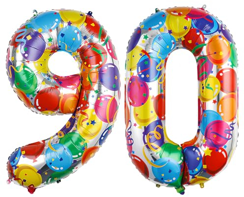 Ponmoo 40 Zoll Foil Luftballon Zahlen 90 Mehrfarbig (101cm), Aufblasbares Helium oder Luft, Riesige Folienballons Nummer 0-100, Große Ballones für Hochzeitstag und Geburtstag Party Dekoration