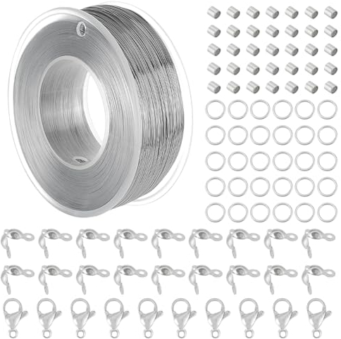 BENECREAT Filo per Perline In Acciaio Inossidabile Da 0.3 mm, Filo di Coda di Tigre Da 300 m con 200 anelli di Salto, 200 perline A Crimpare, 100 punte per Perline e 30 chiusure A Moschettone