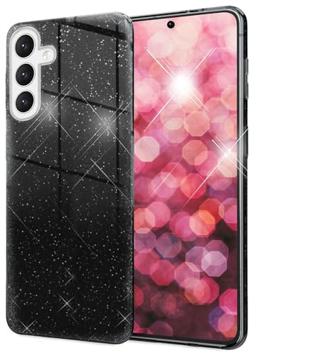 NALIA Glitzerhülle für Samsung Galaxy S24 - Hülle, Funkelschwarz | Partikel fest im Material eingeschlossen, 3-Schicht-Schutzaufbau mit Hardcase-Kern, Erhöhter Kamerarand, SHINEPOP