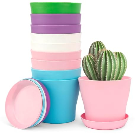 Plastic Planters,10PCS 10cm Matt Plastic Plant Pots Planter + Saucer Tray Deco,Colorful House Plant Pots with Drainage Hole,for Seedlings Miniature Plants Indoor Garden Office Balcony Decoration